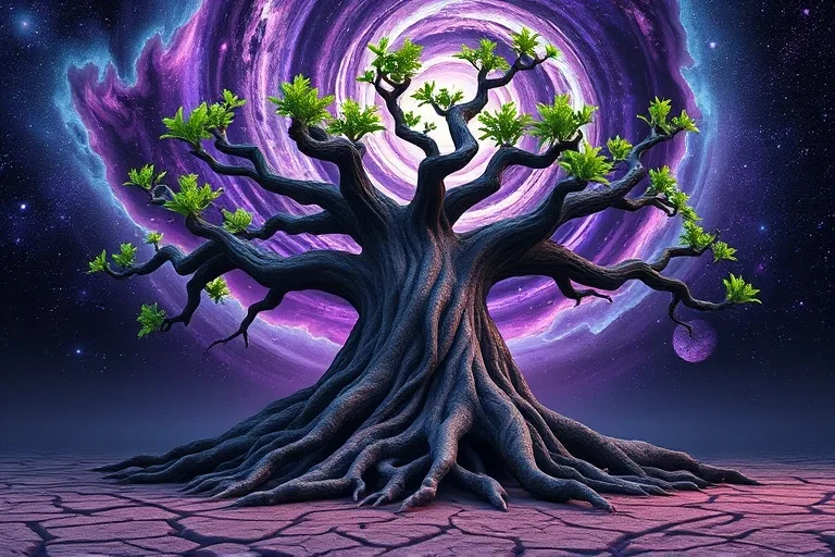 Ilustración digital 3D de un árbol retorcido con raíces profundas en tierra agrietada, brotando nuevas hojas verdes bajo un vórtice celestial, simbolizando la muerte y el renacimiento cíclico.
