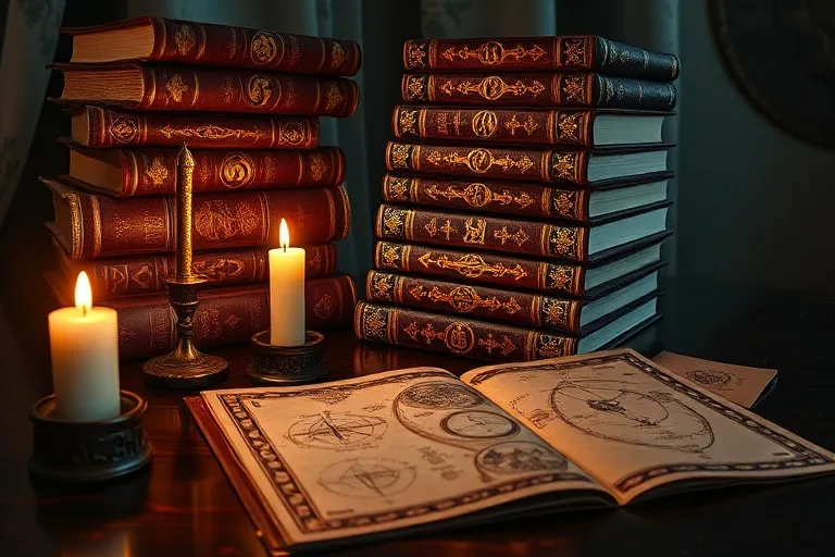 Una pila de libros antiguos con símbolos místicos en sus cubiertas, junto a una vela parpadeante y un pergamino con diagramas ocultos.