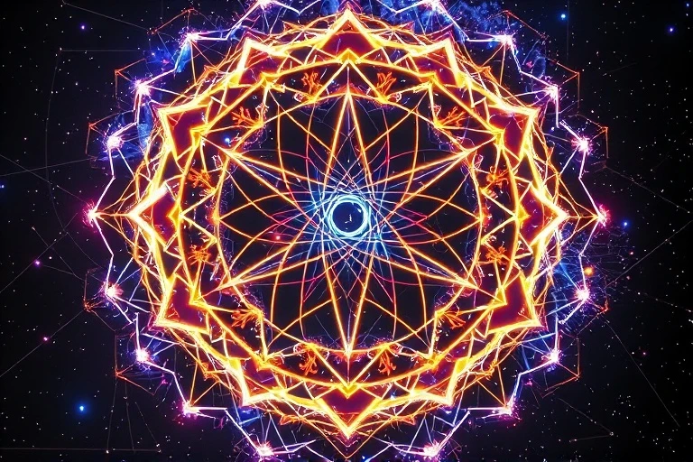 Una representación abstracta de energía cósmica, con hilos de luz entrelazados formando patrones geométricos complejos contra un fondo estelar oscuro.
