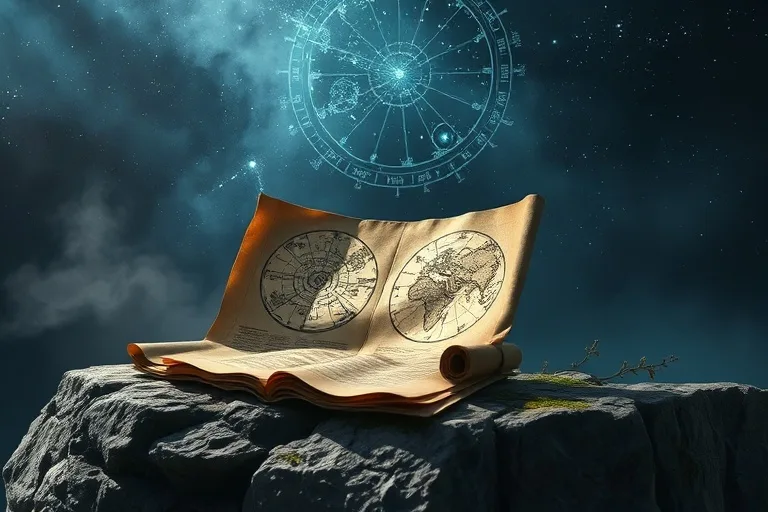 Antiguos pergaminos y mapas estelares sobre un altar de piedra, iluminados por un mapa celestial proyectado, simbolizando el conocimiento ancestral de las eras astrológicas.