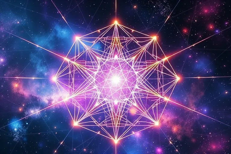 Formas geométricas abstractas interconectadas y luminosas, creando una red cósmica que representa la influencia de los ciclos planetarios en la conciencia global.