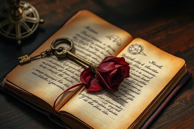 Diario vintage con rosa seca y llave antigua sobre madera, simbolizando el impacto mediático del amor en el tiempo.
