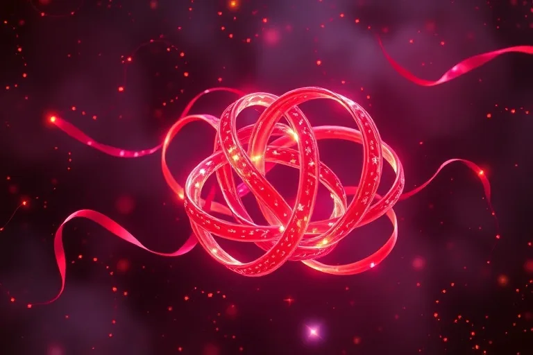 Cintas de luz entrelazadas en tonos rosados, rojos y dorados, representando la complejidad de las conexiones emocionales y espirituales.