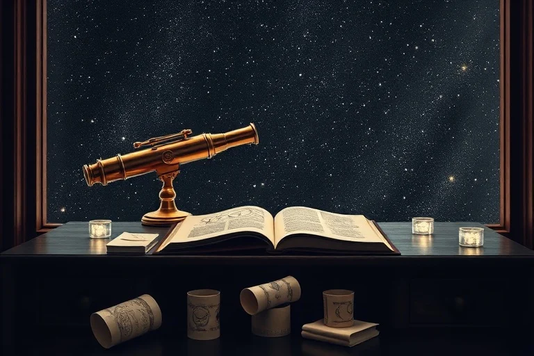 Fotografía cinematográfica de un telescopio antiguo de latón apuntando a una ventana estrellada, un libro de astrología abierto sobre un escritorio de madera, pergaminos dispersos, sin figuras humanas.