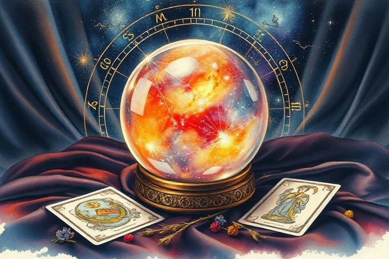 Pintura de acuarela de una bola de cristal brillante que refleja una galaxia vibrante, rodeada de cartas de tarot intrincadamente dibujadas y hierbas secas esparcidas sobre una tela de terciopelo oscuro, atmósfera mística, sin figuras humanas.