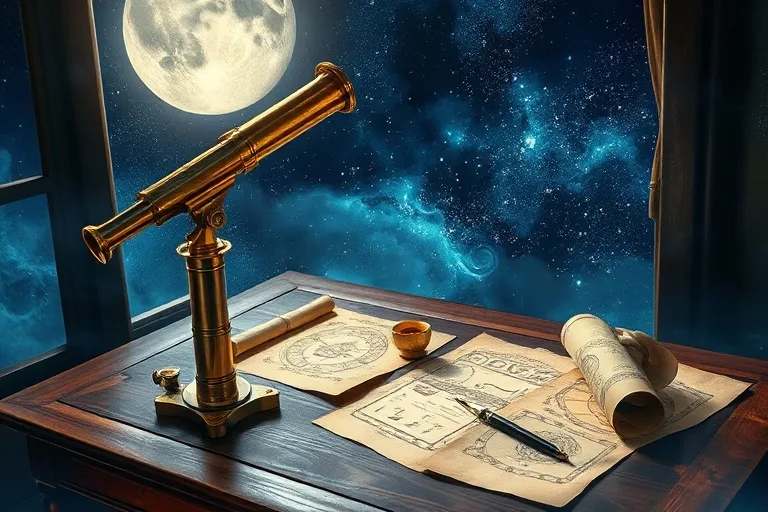Telescopio vintage apuntando al cielo estrellado, pergaminos antiguos y pluma sobre escritorio de madera, luz de luna suave, aura mística.