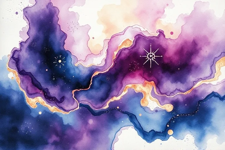 Pintura de acuarela abstracta de energías cósmicas fluyendo y entrelazándose, colores vibrantes como morados profundos, azules y dorados, símbolos planetarios sutiles integrados en el flujo.