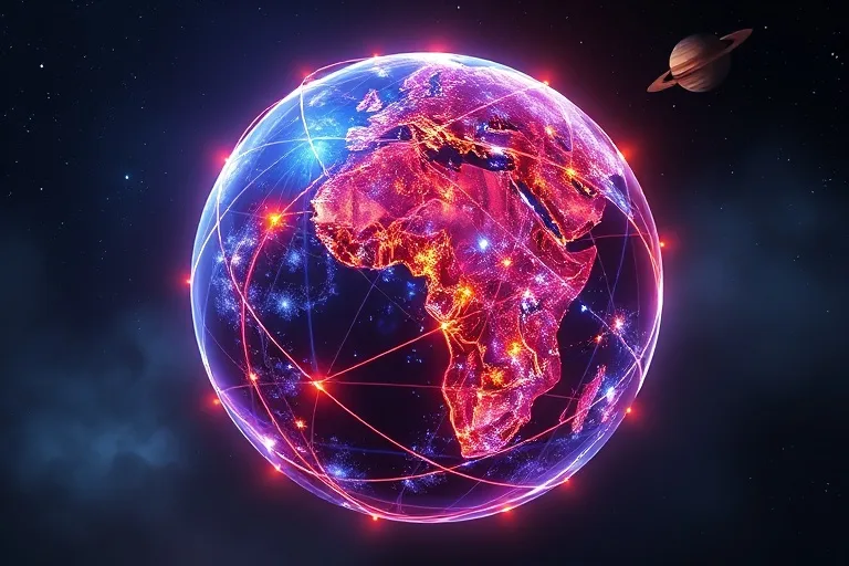 Representación 3D de un globo terráqueo con líneas de energía conectando puntos clave, simbolizando la interconexión de eventos globales y la influencia planetaria.