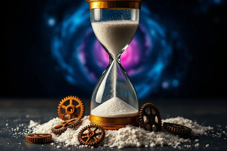 Reloj de arena con arena fluyendo hacia un vórtice cósmico, rodeado de engranajes fragmentados, simbolizando el paso del tiempo y las fuerzas cósmicas que moldean el destino.