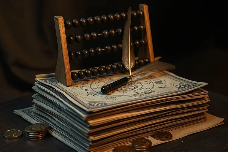Ábaco vintage sobre una pila de cartas astrológicas antiguas con monedas de oro y una pluma.