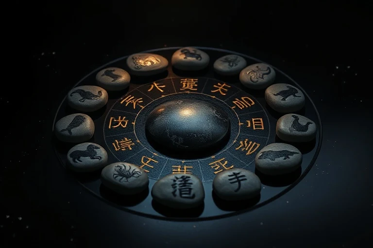 Fotografía conceptual de bodegón con un círculo de piedras de río pulidas y lisas, cada una grabada sutilmente con un símbolo de animal del zodiaco chino, sobre una superficie oscura y reflectante, iluminadas por un brillo etéreo.