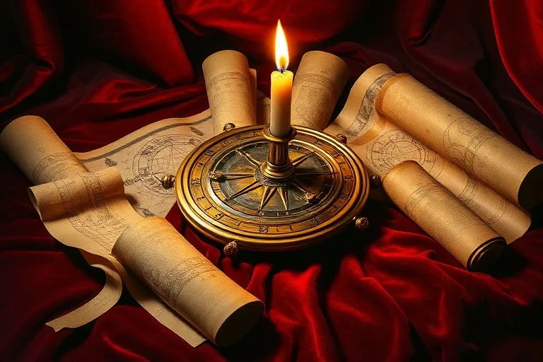 Antiguo astrolabio sobre terciopelo, rodeado de pergaminos astrológicos, iluminado por una vela parpadeante.