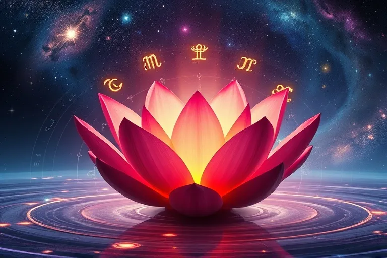 Loto floreciendo en aguas cósmicas con glifos astrológicos, simbolizando crecimiento psicológico y despertar espiritual.