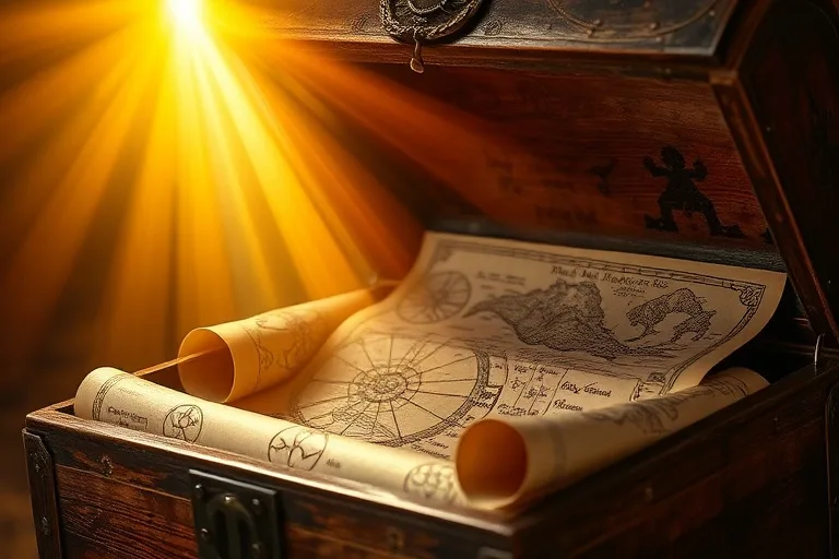 Una antigua caja de madera abierta, revelando pergaminos enrollados y mapas con símbolos abstractos, iluminados por un rayo de luz, representando destinos ocultos y registros kármicos.
