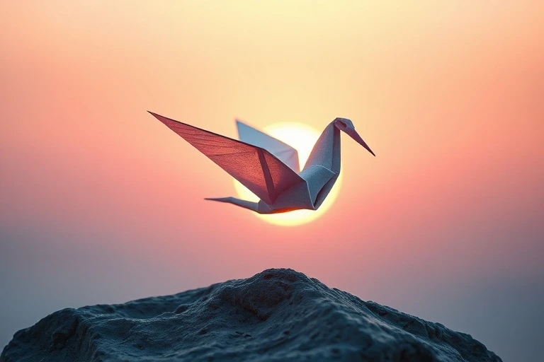 Una grulla de origami translúcida y delicada, despegando de una piedra sin pulir, con sutiles cambios de color para representar la transformación y el cambio. Fondo de amanecer degradado.