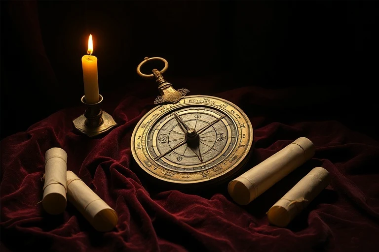 Fotografía de naturaleza muerta cinematográfica de un antiguo astrolabio de latón desgastado sobre un paño de terciopelo oscuro, rodeado de pergaminos enrollados y una vela parpadeante, con iluminación dramática.