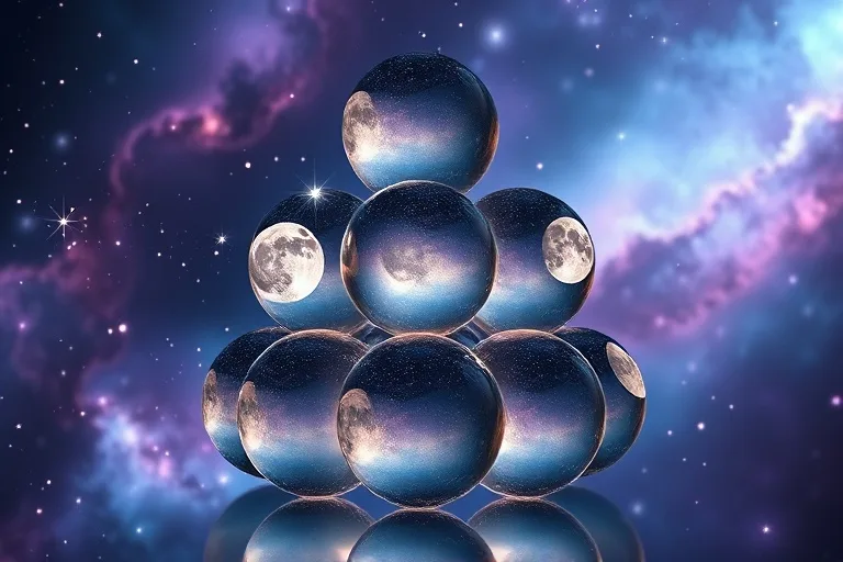Arte conceptual con elementos de acuarela, una pila de esferas de cristal pulidas y translúcidas, cada una reflejando una fase lunar diferente, sobre un fondo de galaxia etérea en tonos azules y morados.