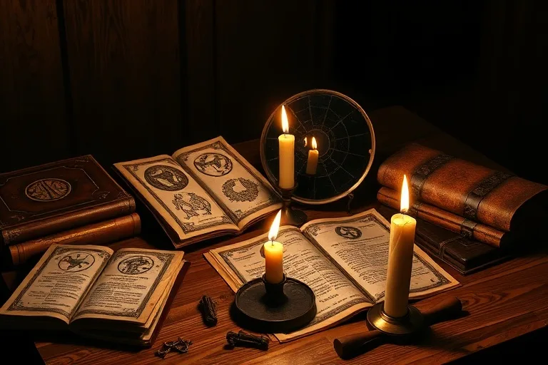 Fotografía cinematográfica de libros antiguos y pergaminos iluminados por una vela, con un espejo de obsidiana reflejando sombras.