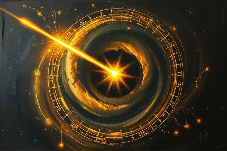 Pintura al óleo abstracta de un vórtice oscuro siendo disuelto por rayos de luz dorada, simbolizando la purificación de la negatividad.