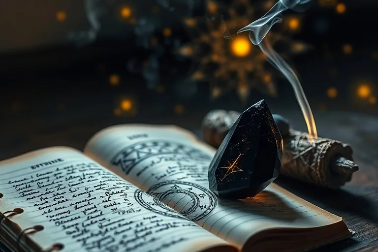 Diario con afirmaciones, cristal de turmalina negra, y sahumerio de salvia, fotografía macro cinematográfica