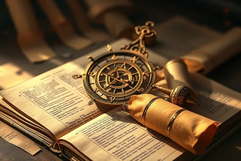 Fotografía vintage de un astrolabio antiguo sobre un libro de astrología, con pergaminos y luz suave.