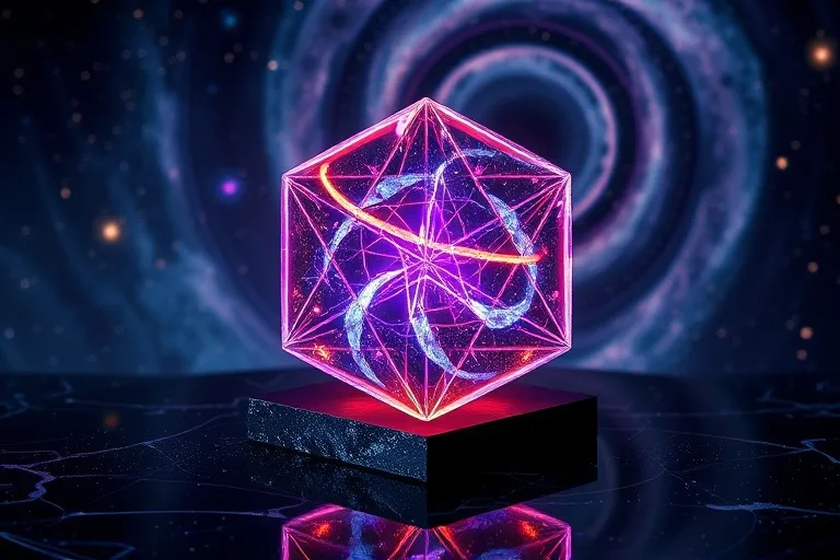Render 3D de una escultura de cristal geométrico que irradia líneas de energía sobre una superficie de obsidiana, con una nebulosa de fondo.