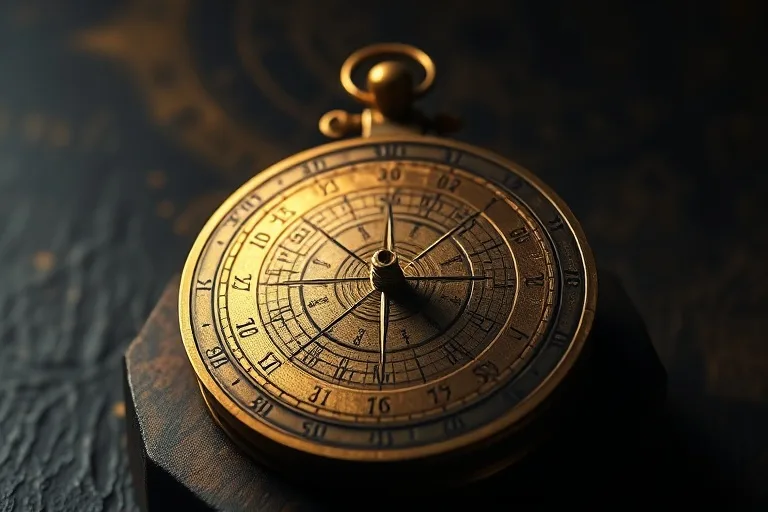 Bodegón cinematográfico de un astrolabe antiguo con un haz de luz sobre un punto de calibración, simbolizando la precisión de los puntos medios astrológicos.