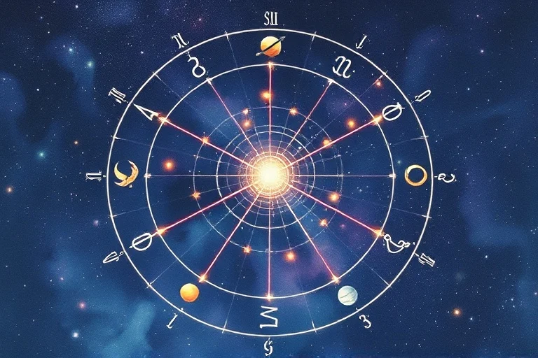 Pintura de acuarela de un mapa celestial con líneas translúcidas conectando símbolos planetarios, y un punto de intersección brillante, representando la convergencia de energías en los puntos medios astrológicos.