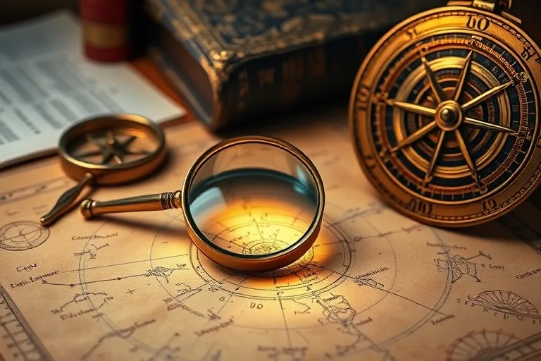 Una antigua lupa de latón sobre un mapa estelar detallado, con un compás y un astrolabio a su lado, simbolizando el estudio y cálculo preciso de los puntos medios astrológicos.