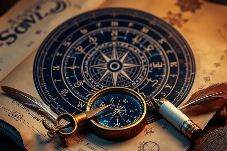 Una antigua brújula de latón con una aguja magnética apuntando a un mapa estelar estilizado, rodeada de pergaminos y plumas, evocando la búsqueda de dirección y significado en la carta natal.