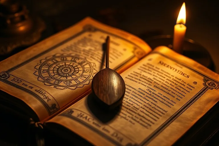 Fotografía cinematográfica de un péndulo de madera pulida sobre un libro antiguo de metafísica, iluminado por una vela parpadeante que crea una atmósfera mística y de conocimiento.