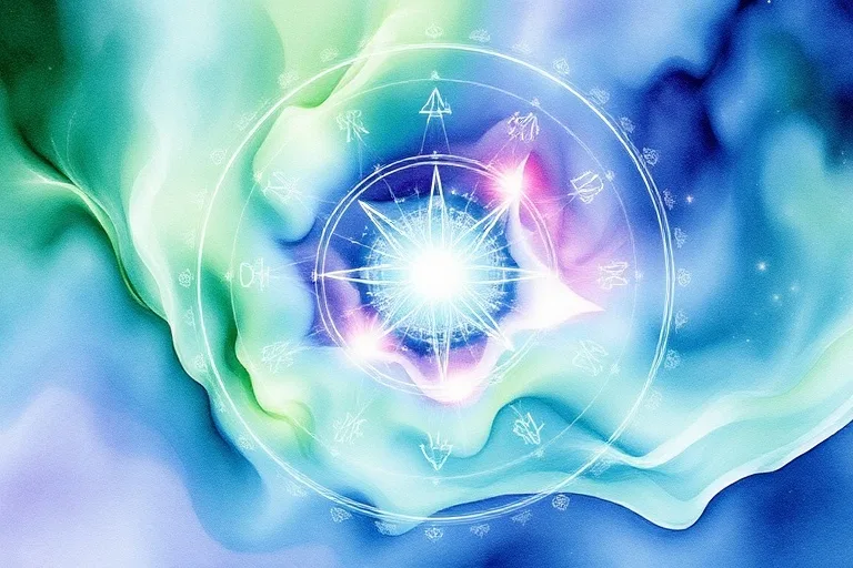 Pintura de acuarela abstracta que representa el flujo de energía y la sanación, con suaves remolinos de colores translúcidos como verdes, azules y morados convergiendo en un punto central brillante, simbolizando la restauración y el equilibrio.