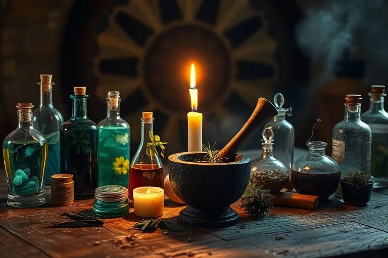 Una antigua mesa de alquimista con frascos de pociones, un mortero y una hierba medicinal, iluminada por la luz de una vela, simbolizando la búsqueda de la curación interna.