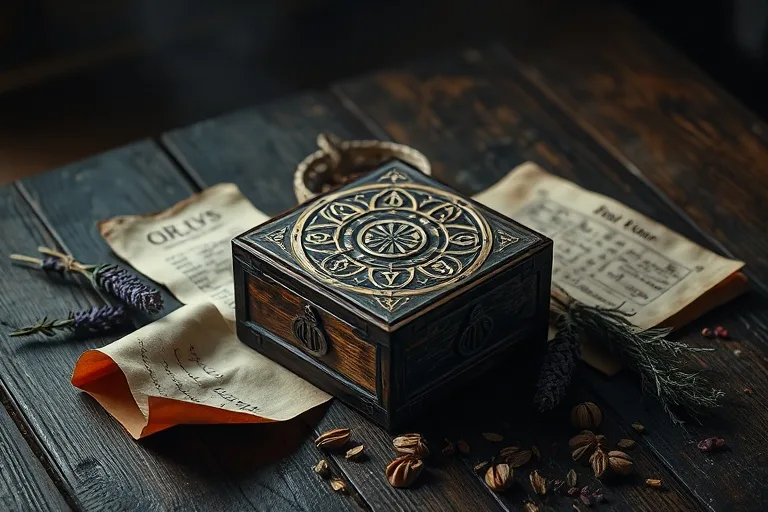Fotografía cinematográfica de naturaleza muerta de una caja de madera antigua entre pergaminos esotéricos y hierbas secas.