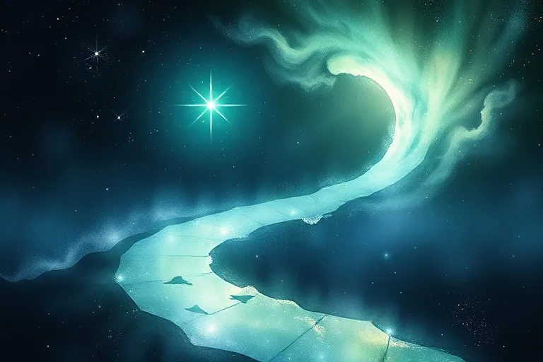 Pintura abstracta de acuarela de un camino sinuoso iluminado por una estrella brillante en un paisaje etéreo oscuro.