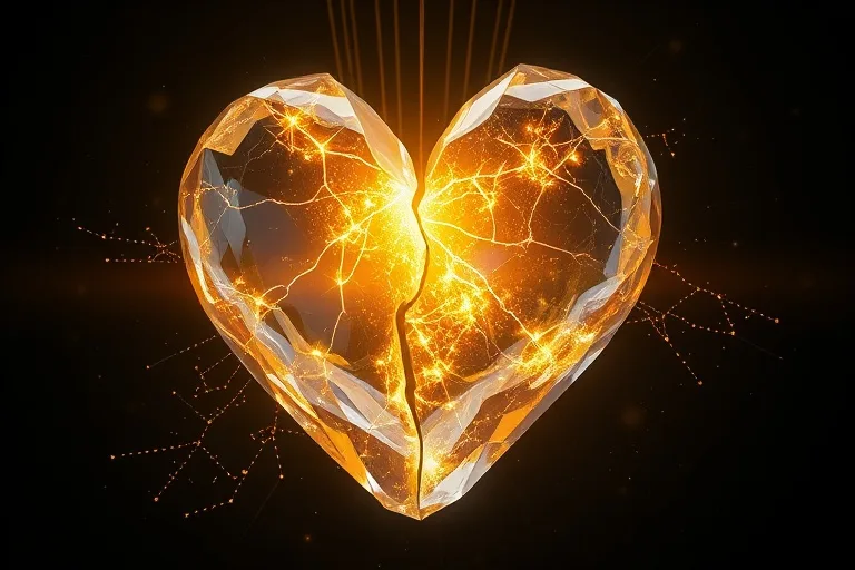 Ilustración 3D de un corazón de cristal fragmentado reparándose con energía dorada