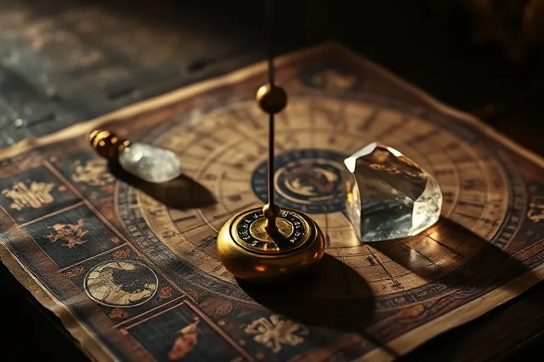 Fotografía cinematográfica de un péndulo de latón pulido sobre una mesa de madera antigua, junto a un cristal de cuarzo y un mapa esotérico.