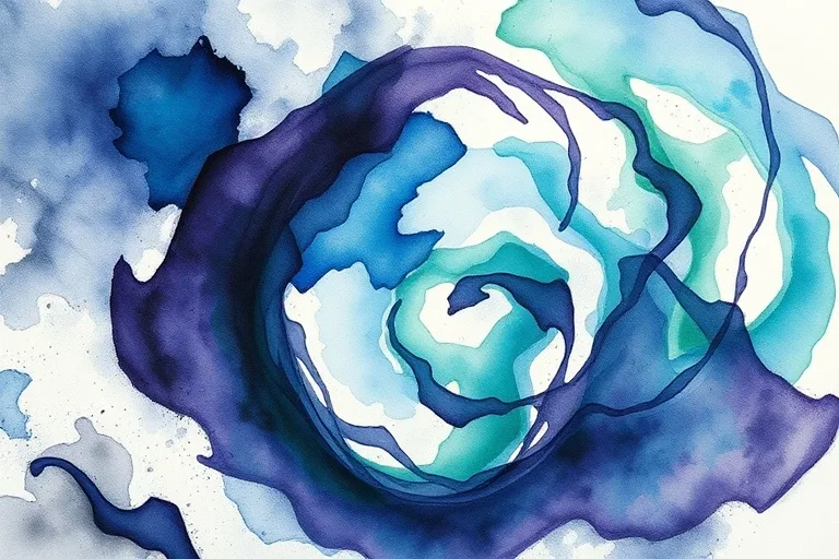 Pintura abstracta en acuarela con patrones arremolinados de azules, morados y verdes, que representan corrientes de energía sutiles.