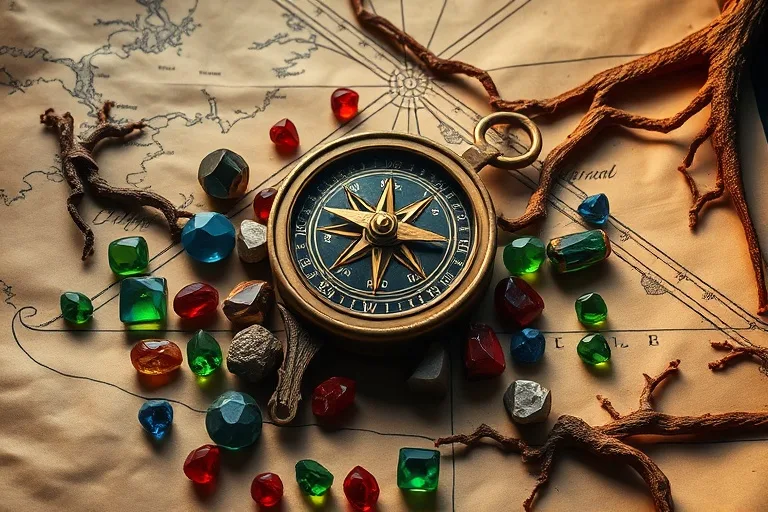 Brújula antigua sobre mapa de rutas comerciales con gemas y raíces, simbolizando navegación y valor.