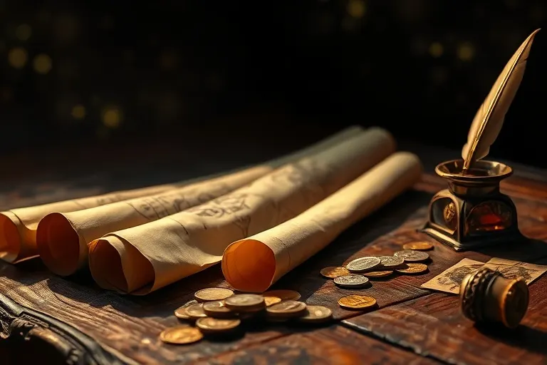 Fotografía macro de un escritorio antiguo con pergaminos, monedas y una pluma, simbolizando la inteligencia y la ambición de la Rata.