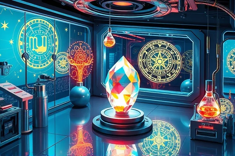 Render isométrico de un laboratorio futurista con engranajes, hologramas y un prisma, simbolizando la creatividad y adaptabilidad del Mono.