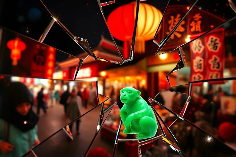Arte conceptual abstracto de un espejo roto reflejando un mercado chino y una figura de mono de jade