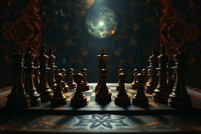 Fotografía cinematográfica de un tablero de ajedrez vintage con piezas en una posición estratégica, iluminado dramáticamente, simbolizando la batalla de ingenios.