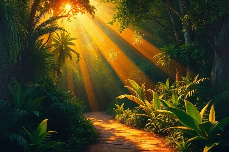Pintura al óleo de un sendero sinuoso a través de una densa jungla tropical, con luz solar filtrándose, simbolizando un viaje compartido lleno de descubrimientos y desafíos.