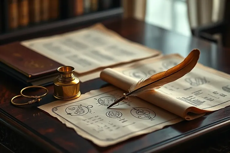 Escritorio antiguo con pluma y pergaminos, simbolizando la astucia y el intelecto del signo Rata.