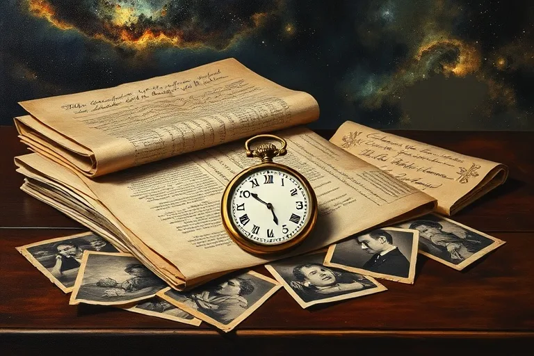 Pintura al óleo de documentos antiguos, fotografías descoloridas y un reloj detenido, simbolizando la investigación de eventos de vida para la rectificación astrológica.