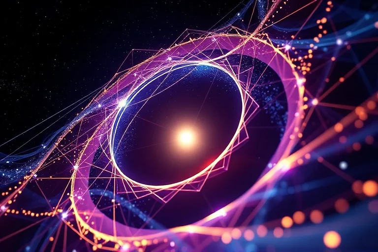 Ilustración 3D abstracta de flujos de datos cósmicos convergiendo en un punto brillante, representando la precisión de una hora de nacimiento rectificada.