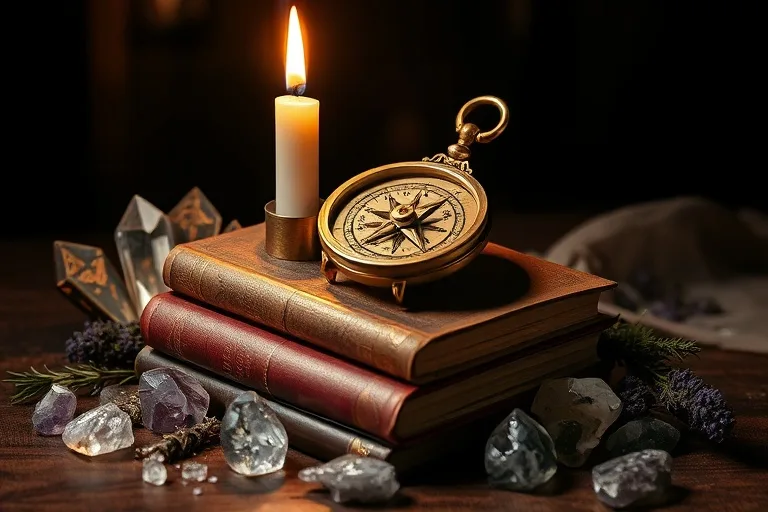 Brújula antigua sobre libros, cristales y hierbas, iluminada por una vela.