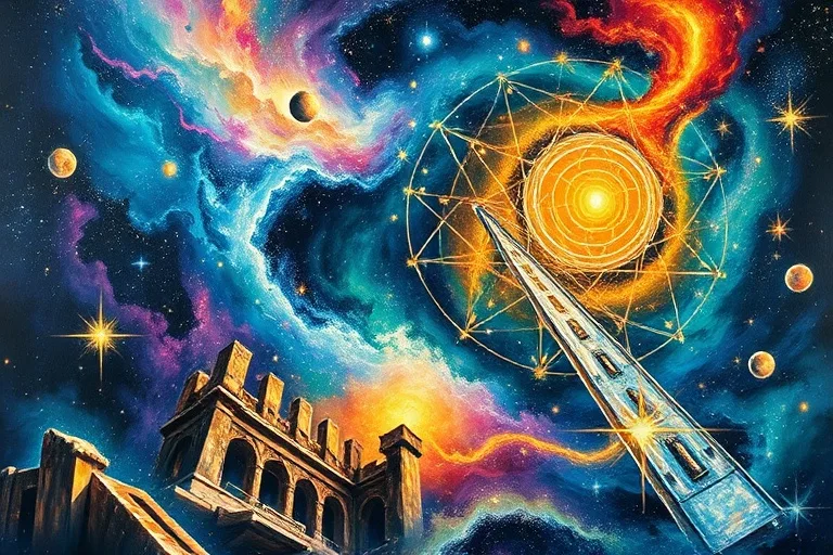 Pintura al óleo abstracta de un viaje del alma a través de remolinos cósmicos y elementos arquitectónicos.