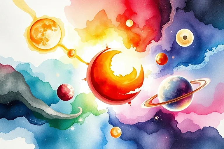 Pintura acuarela abstracta de los siete planetas clásicos como colores y luz entrelazados